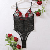 Toucheart Sexy Lace Mesh Transparent Underwear Women V-Neck Sexy Suspender Bodysuit With Zipper Exotic Sexy Printing Jumpsuit