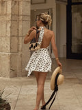 Ahagaga 2025 Summer Women's Mini Dresses Dot Halter Bandage Slim Backless Beach Style Sleeveless Skinny Female Vestidos Robes