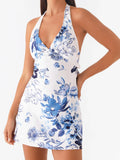 Women's Summer Fashion Party Beach Halter Neck Tank Dresses Sleeveless Deep V Neck Solid Color/Floral Print Mini Dress