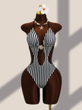 Vintage Black Striped One Piece Swimwear Women 2026 3D Metal Flower Hollow Out Backless Beach Holiday Bathing Suit Swimsuit