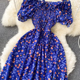 2025 Summer French Vintage Floral Dress Fashion Elegant High-Waisted Drawstring Vestidos Printed Fresh And Sweet Long Dresses