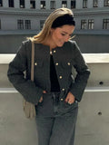 Foridol Tweed Knitted Dark Grey Blazer Coat Women Autumn Winter Gingham Short Coat Office Lady Vintage Buttons Veste