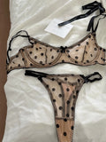 French Retro Lace Bra & Thong Set | Sexy Polka Dot Sheer Mesh Lingerie for Plus Size Big Bust, Ultra Thin MOYISU Panty TUSHY Set