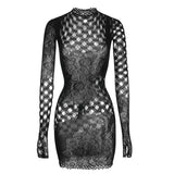 Women Sheer Mesh Long Sleeve Beach Cover Up, Sexy See-Through Fishnet Dress, Solid Bodycon  For Summer Beach Party