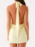 Women Casual Shell Deep V-Neck Wrap Halter Neck Party Beach Club Dress Summer Solid Color Sleeveless Backless Mini Dresses
