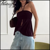 Phantasy Fashion Halter Crop top Fashion Brown Tank Top Women Sexy Split Camisole Lady Night Out Streetwear 2026 Summer Clothing