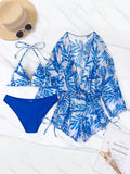 3 Pieces Bikini Tropical Print Swimsuit Halter Drawstring Side Swimwear Women 2026 Bathing Suit Female Swimming Summer Beachwear