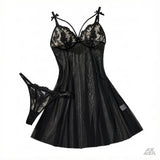 Black Floral Lace Striped Sheer Mesh Babydoll Lingerie Set Slip Nightdress With Matching Thong Women Sexy Sleepwear ZA825066