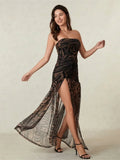 Women’s Tube Top Dress Bohemian Printed Strapless Mesh High Slit Long Dress Summer Evening Party Beach Sexy Club Dresses Summer
