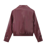 Foridol Wine Red Vintage Faux Leather PU Coat for Women Long Sleeve Turn Down Collar Zipper Autumn Winter Coat Jacket
