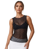 Women Sheer Rhinestones Tank Tops Mesh Sleeveless Shirt Aesthetic Beach Club Sexy Basic Vest Streetwear Summer