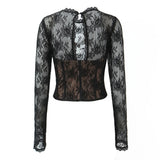Pure Desire Sexy Sheer Crochet Lace Base Shirt Waist-Tightening Top T-Shirt For Woman Transparent Mesh Casual T-Shirt Charm ADSE