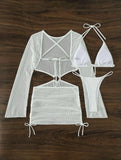 DEKA Women Solid Bikini Set Halter Bra Lace-up Swimsuit Set With Mesh Yarn Cover Up Dress Knitted  Long Sleeve Boho Swimwear