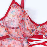 Toucheart Sexy Women Lace Backless Interesting  Babydoll Bodysuit Wrap Dress High Waisted Printing Bow Knot  Babydoll Bodysuit
