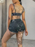 2026 New Fishnet Long Dress V-neck Mesh Sparkling Rhinestone Crystal Swimsuit Bikini Cover Up Beach Bathing Suit Women Cover Ups