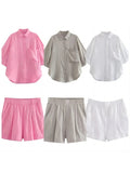 Foridol Casual 2 Pcs Shorts Women Set Linen Cotton Pink Oversize Buttons Shirt+shorts Outfits Summer Autumn White Fashion Set