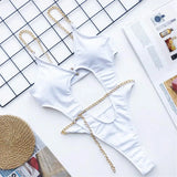 2026 Sexy Golden Chain String High Cut Leg One Piece Swimsuit Women Swimwear Female Bather Tummy Cut Out Bathing Suit Swim V1667