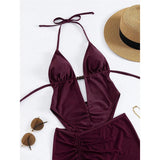 Sexy With Skirt Halter Deep V Neck Women Swimwear One Piece Swimsuit Female High Leg Cut Backless Bather Bathing Suit Swim V8112