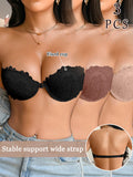 3Pcs Women Half Cup Lace Strapless Bra Adjustable Non-slip Off Shoulder Underwire Support Front Buckle Push Up Brassiere XS-L