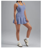 Women's Color Blocked Tennis Dresses Women Hollow Back Cross One Piece Sports Suits Built in Shorts with Pocket Yoga Golf Skirt