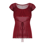 Women Summer Y2K Aesthetic Tops Lace Trim Cap Sleeve Low Cut Shirts Vintage Casual Sexy Tops and Blouses Female
