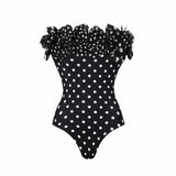 Black Dot Print One Piece Swimsuit Pleate Long Skirt Set 2026 Women Vintage Bandeau Ruffle Push Up Bathing Suit Holiday Swimwear