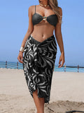 Printed Wrinkled With Sarong Bikini Female Swimsuit Women Swimwear Three-pieces Bikini set Padded Bather Bathing Suit Swim K7259