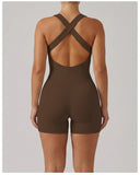 Cross Exposed Back Shaping Nude Yoga Jumpsuit Women Summer Sleeveless Pleate Slim Hip Lifting Short Sport Fitness One Piece Suit