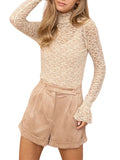 Women's Spring Summer Solid Color Slim Lace Mesh Tops Flare Long Sleeve High Neck Sheer T-Shirt for Party, Daily
