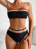 Bandeau Splicing Black Mesh Sheer Mid Waist Bikini Female Swimsuit Women Swimwear Two-pieces Bikini set Bather Bathing Suit Swim