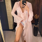 Women's V Neck Ruffled Long Sleeve Dress Chiffon Tunic Beach Cover Up Cover-ups Beach Dress Sunscreen Beachwear Vacation V5976B