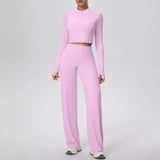 2 Pcs Women's Seamless Yoga Set Long-sleeved Wide-leg Pants Tracksuit Fitness Sports Set High-waisted Hip-lifting Slim-fit Suit
