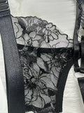 French sexy halterneck embroidered mesh see-through patchwork sexy underwear panties garter set