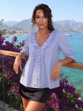 Women's Summer Blouse Solid Color Ruffle Flounce V Neck Short Sleeve Button Down Tops Casual Loose Shirts