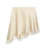 Women's Elegant Satin Lace Hem Skirt Beige Satin Hem Skirt With Lace Trim For Women Elegant Daily Wear Elegant Pure Desire AYYP