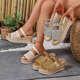 Hollow Out Gold Wedge Heels Sandals Women Plus Size 43 Chunky Platform Slippers Woman Summer Slip On Weave Thick Sole Sandles
