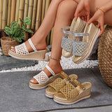 Hollow Out Gold Wedge Heels Sandals Women Plus Size 43 Chunky Platform Slippers Woman Summer Slip On Weave Thick Sole Sandles