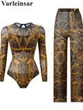 S - XXL New Printed Long Sleeve With Pants Women Swimwear One Piece Swimsuit Female Floral Padded Bather Bathing Suit Swim V7176