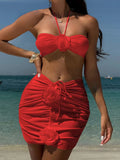 New 3D Flowers With Skirt Brazilian Bikini Women Swimwear Three-pieces Bikini set Female Swimsuit Bather Bathing Suit Swim V5755