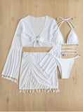 sexy 4pcs boho tassels trim bikinis sets ladies padded bikini set +cover up tops skirts beachwear bathing suit biquini monokini