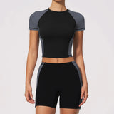 Summer New Yoga Sets Women Breathable Contrasting Color Short Sleeve Slim Sports T Shirts Training Running Shorts Fitness Suit