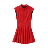 Foridol Stand Collar Sleeveless Pleated Tank Dress for Women Brown Casual Short Autumn Winter Dress Zip Black Ladies Vestidos
