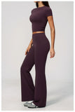 Creamy 2 Pieces Workout Suit Women Yoga Outfits Short Sleeve O Neck Slim Sports T Shirts High Waist Flare Pants Gym Fitness Sets