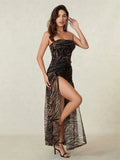 Women’s Tube Top Dress Bohemian Printed Strapless Mesh High Slit Long Dress Summer Evening Party Beach Sexy Club Dresses Summer