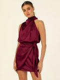 Foridol One Shoulder Turtleneck Tank Satin Women Party Dress Robe Zip Sleeveless Elegant Vintage Folds Women Clothing 2025