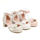 Women's White Pink Bowknot Single Sandals Ruffles High Heels Girls Student Mary Janes Lolita Party Dress Shoes Size 32-48 French