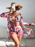 New Sexy 3 Pieces Suit for Women Neck Hanging Bikini Set+Cover-up Swimwear Sunproof Tankini High Waist Shorts Swimsuit Beachwear