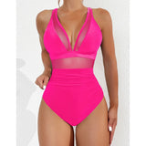 S - XL New Sexy Mesh Sheer V Neck Women Swimwear One Piece Swimsuit Female High Leg Cut Monokini Bather Bathing Suit Swim V5136