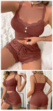 Women Sexy Pajama Set Ribbed Lace Trim Camisole Top & Shorts Summer Sleepwear Two Piece Lounge Nightwear