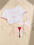 Cherry Print Mesh Short Sleeve Mini Bikini Female Swimsuit Women Swimwear Three-pieces Bikini Set Bathing Suit Swim Beachwear